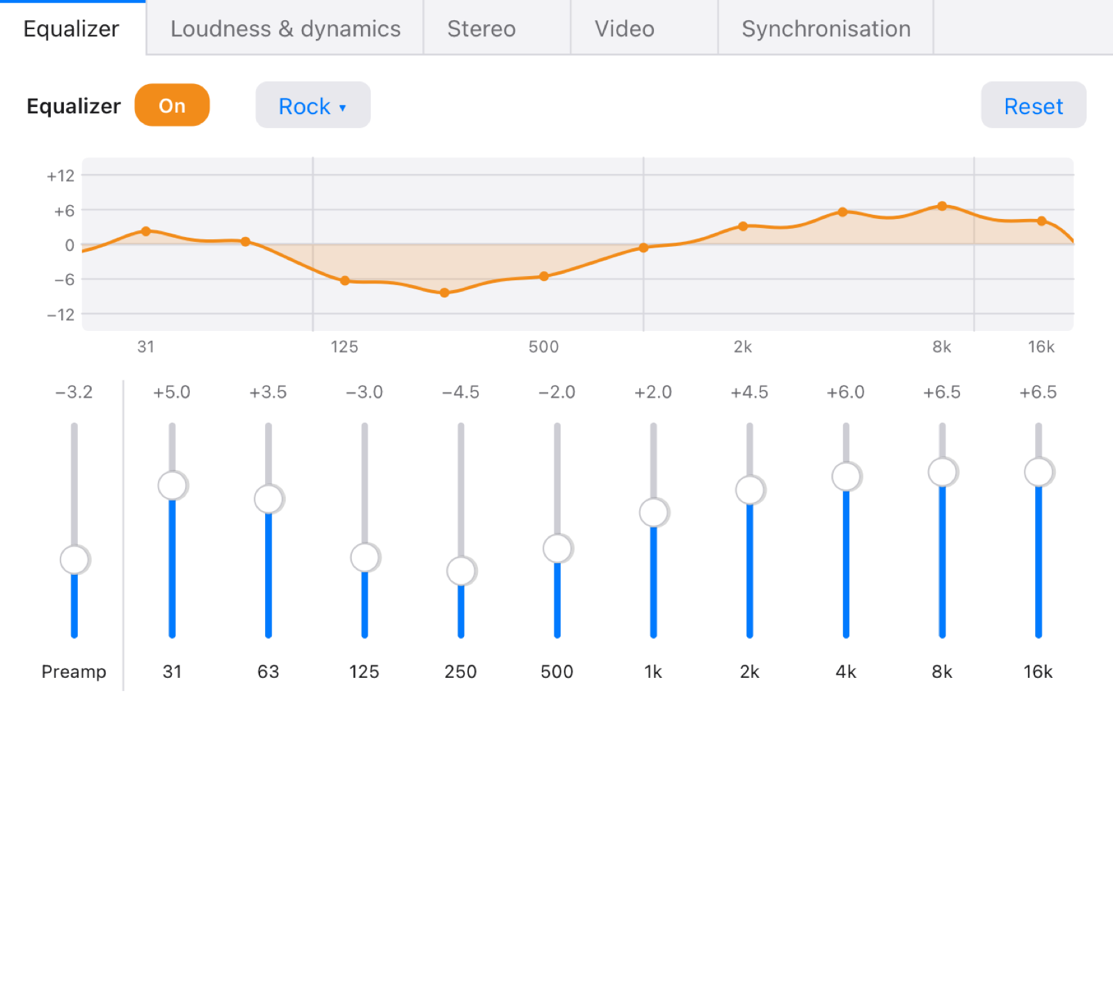 The equalizer on the Rock preset, with sliders for ten bands and the response curve