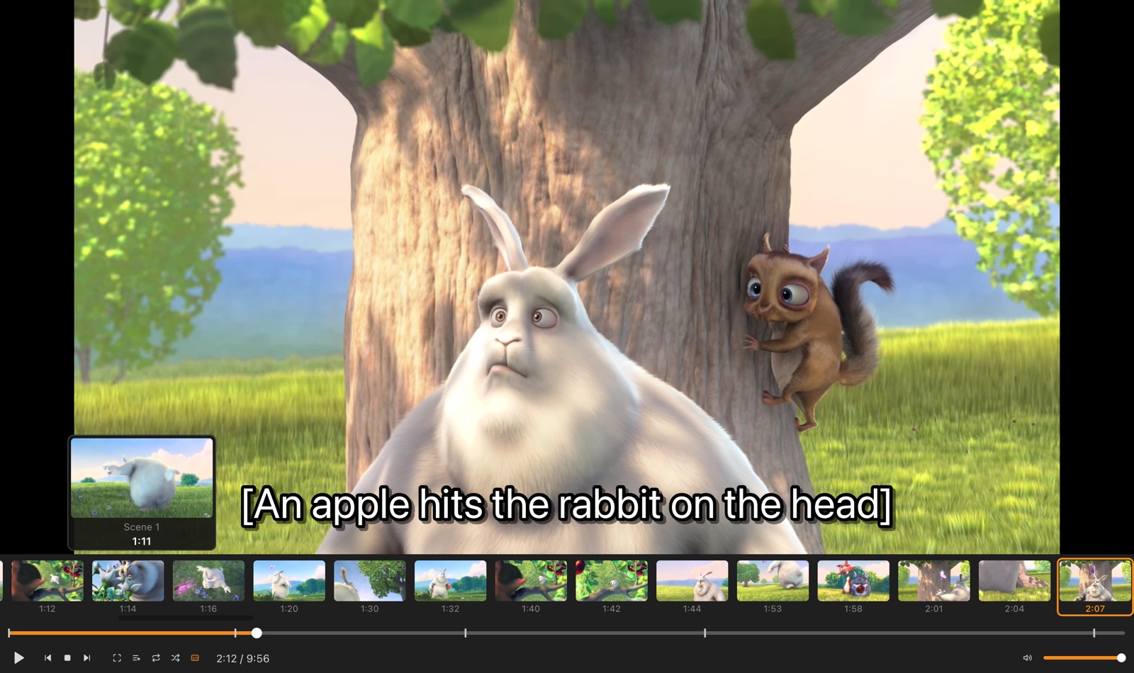 Reel playing Big Buck Bunny with captions, a strip of scene thumbnails and a preview above the seek bar